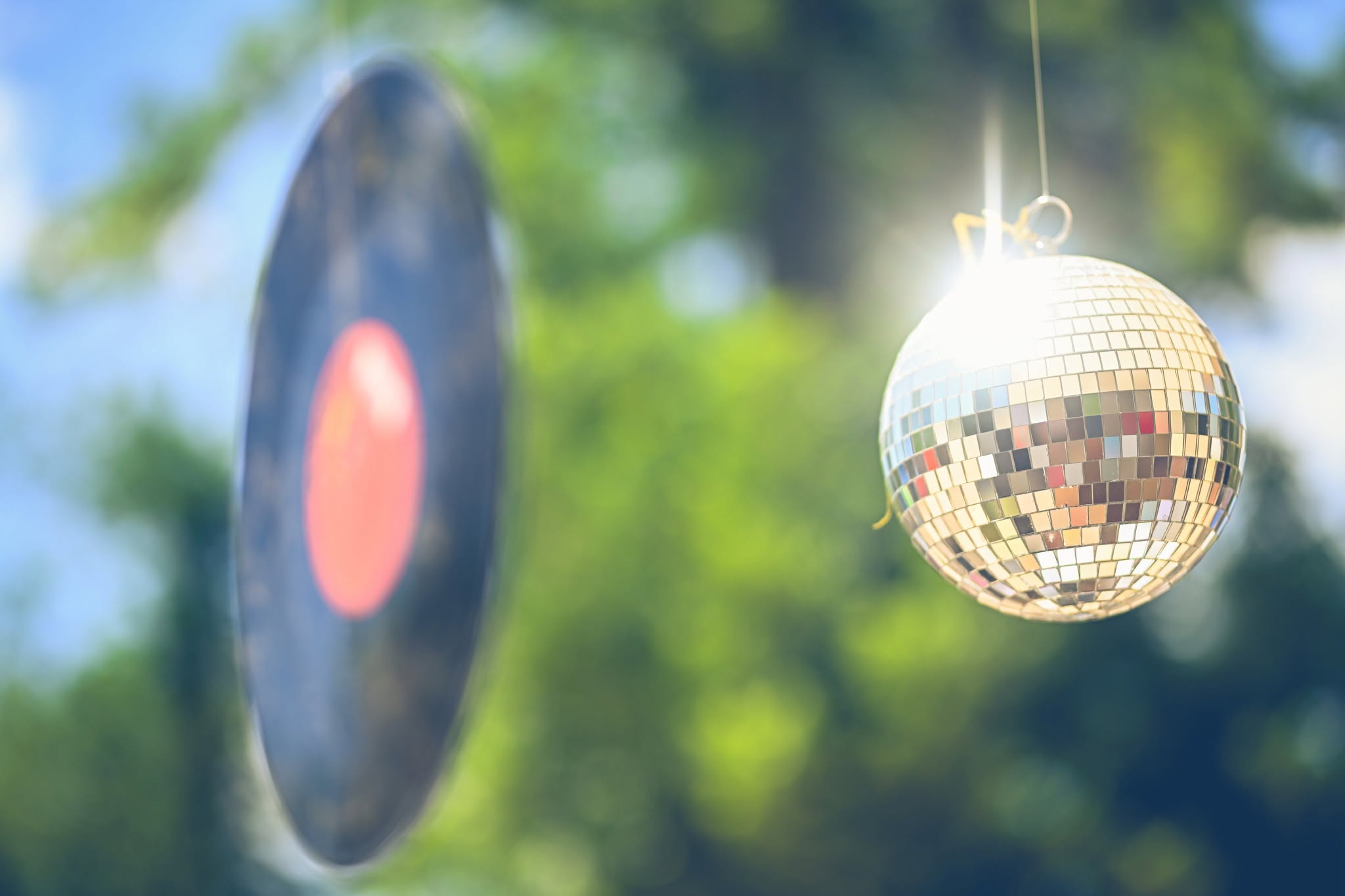 A vinyl record and a mirrored disco ball hang in daylight.
