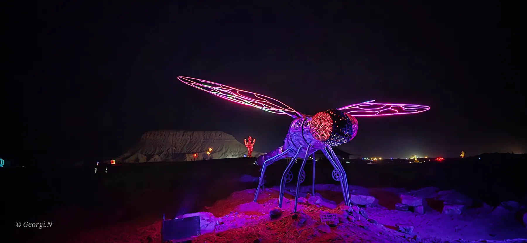 A purple-lit insect sculpture in the dark desert.